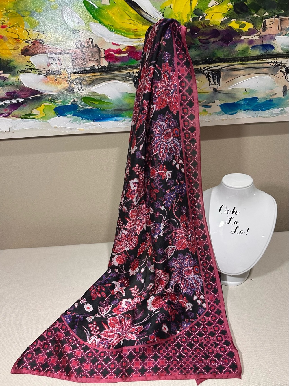 Vince Camuto Black and Berry Floral Border Satin Scarf